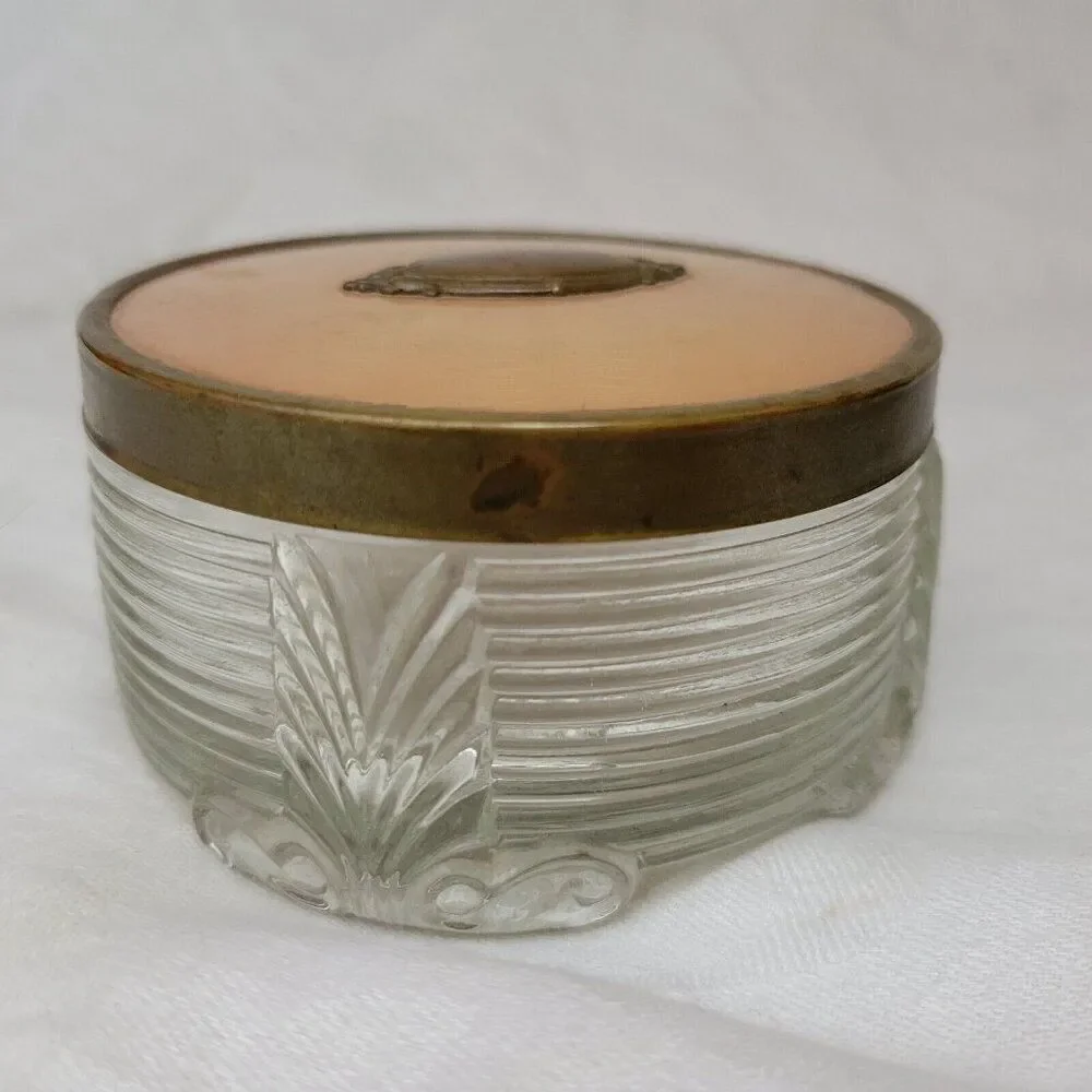 Powder Jar glass w/lid Art Deco MCM brass bronze antique raised vintage EUC